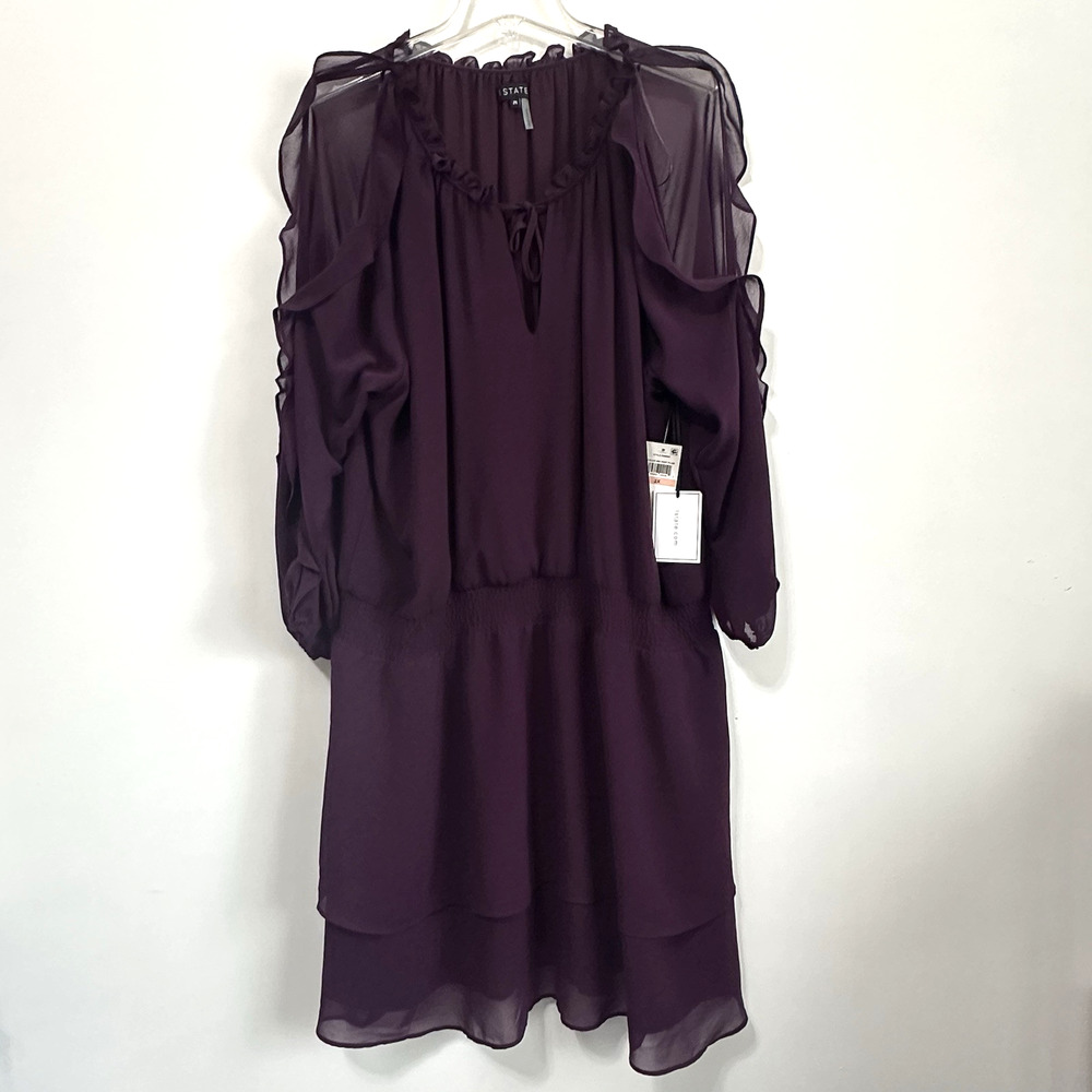 1. STATE Dress Plus 2X Deep Plum Smocked Waist Split Long Sleeve Party Short NEW